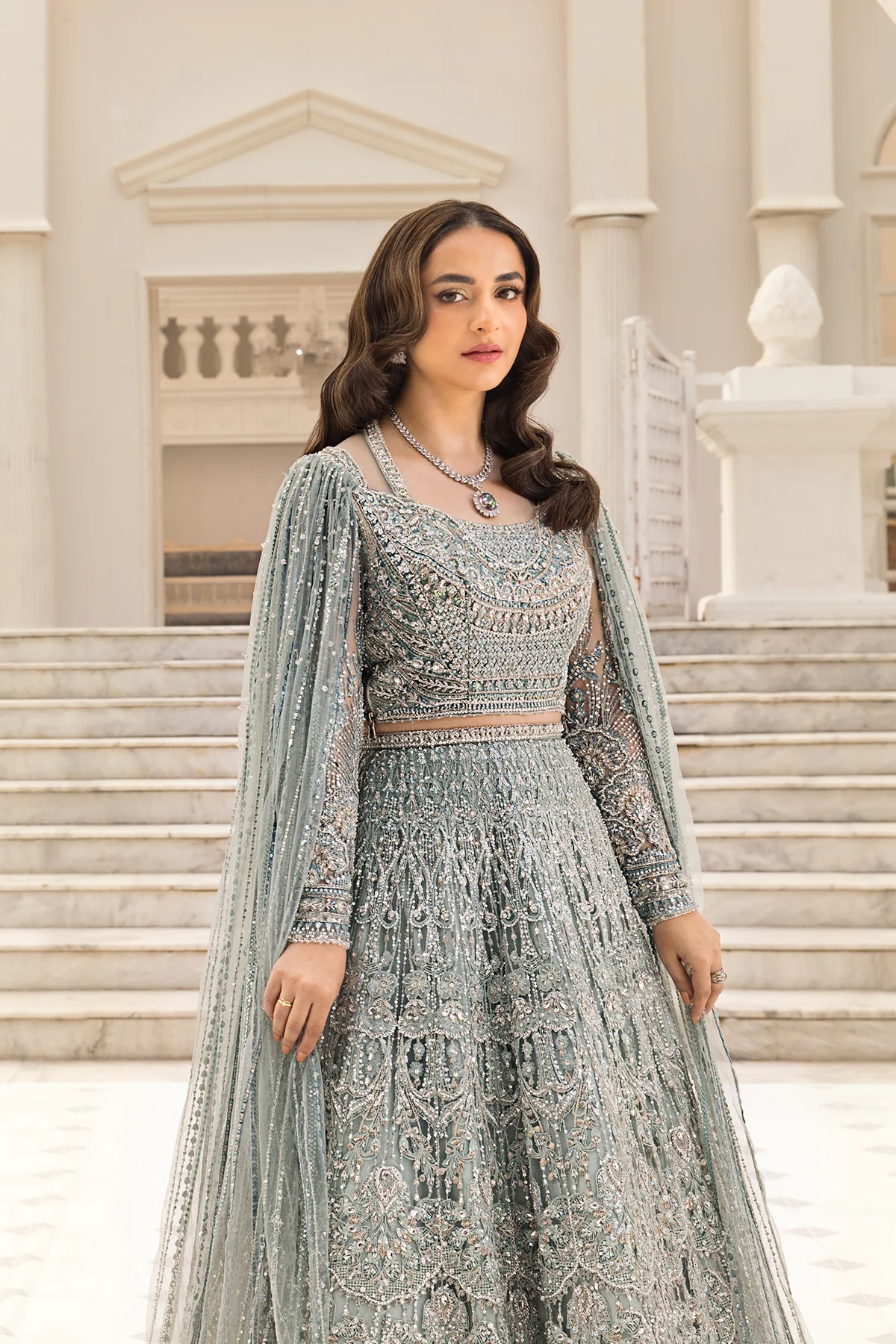 Erum Khan | Unstitched Net Bridal Lehnga | Minty Breeze