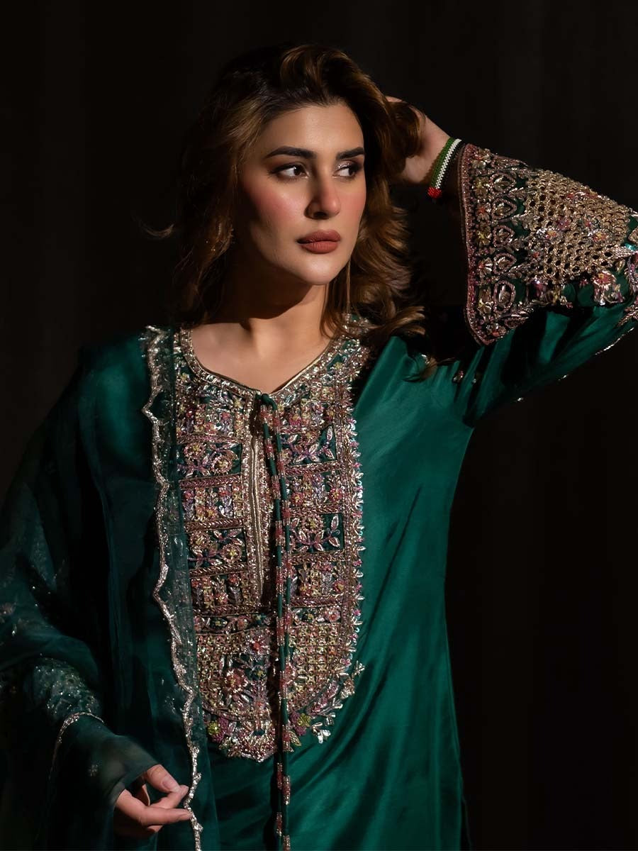 Hijab Omer | 3 Piece Unstitched Embroidered Raw Silk | Kubra