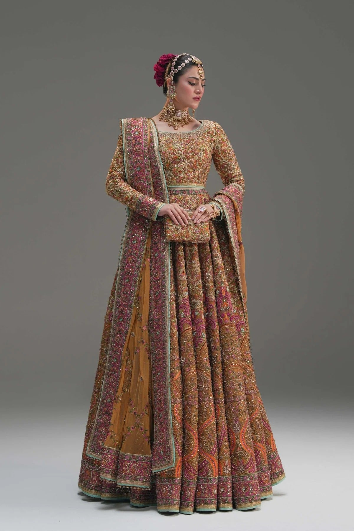 Fahad Hussayn | 3 Piece Unstitched Yellow Net Lehenga Choli | Naugul