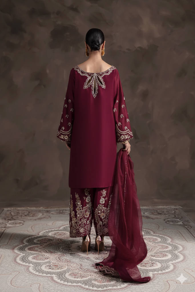 Abeera Usman | 3 Piece Unstitched Embroidered Raw Silk | Irina Maroon