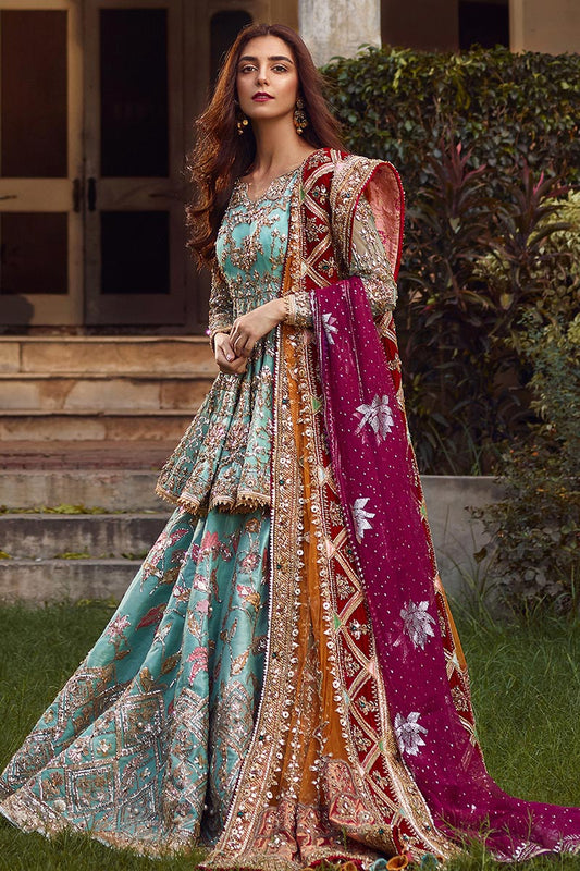 MNR | 4 Piece Unstitched Sky Blue Embroidered Lehenga | Ronaq Jahan