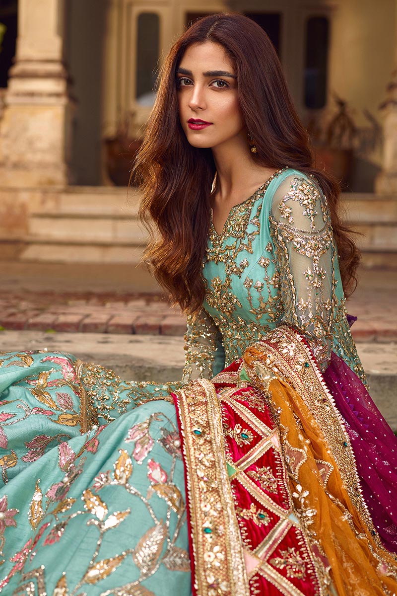 MNR | 4 Piece Unstitched Sky Blue Embroidered Lehenga | Ronaq Jahan