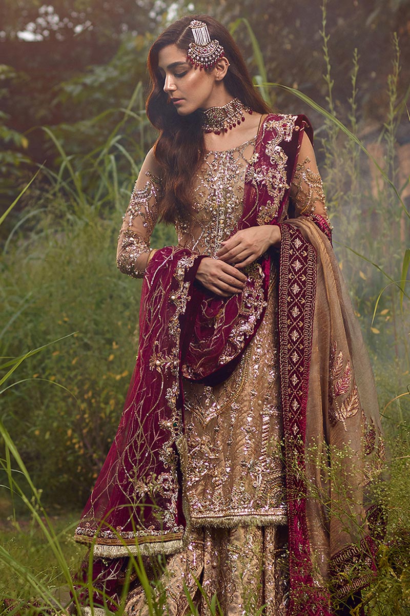 MNR | 3 Piece Unstitched Embroidered Zari Sharara | Zaar Bakht