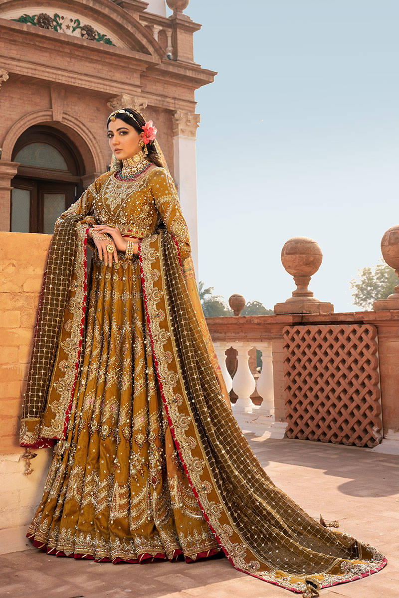 MNR Mohsin Naveed Ranjha | Embroidered and Embellished Mustard Bridal Lehnga | KesarMahal FRS-199