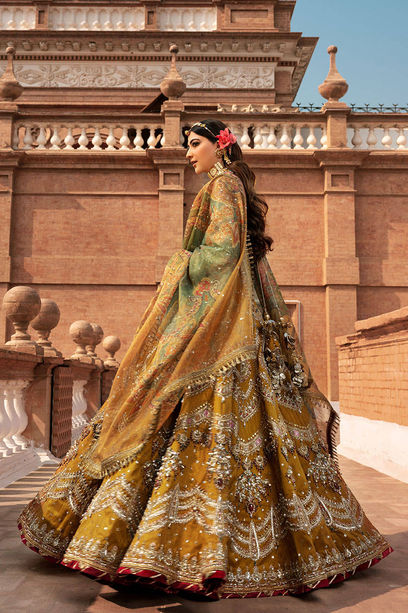 MNR Mohsin Naveed Ranjha | Embroidered and Embellished Mustard Bridal Lehnga | KesarMahal FRS-199