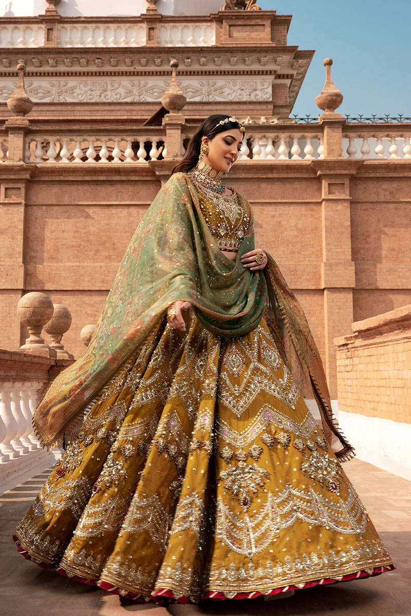 MNR Mohsin Naveed Ranjha | Embroidered and Embellished Mustard Bridal Lehnga | KesarMahal FRS-199