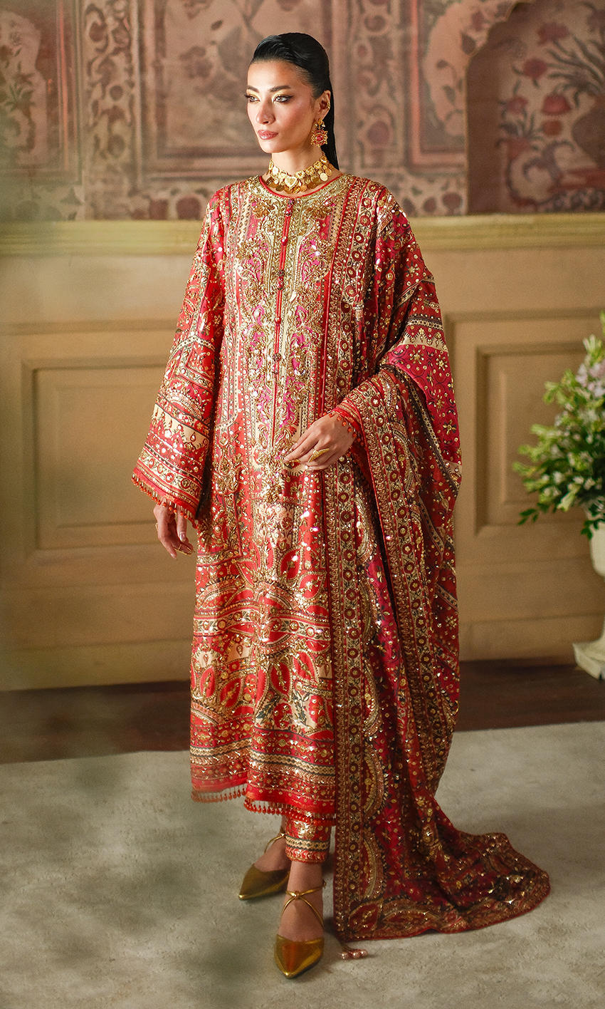 Nomi Ansari | 3 Piece Unstitched Embroidered Silk | Crimson Tale