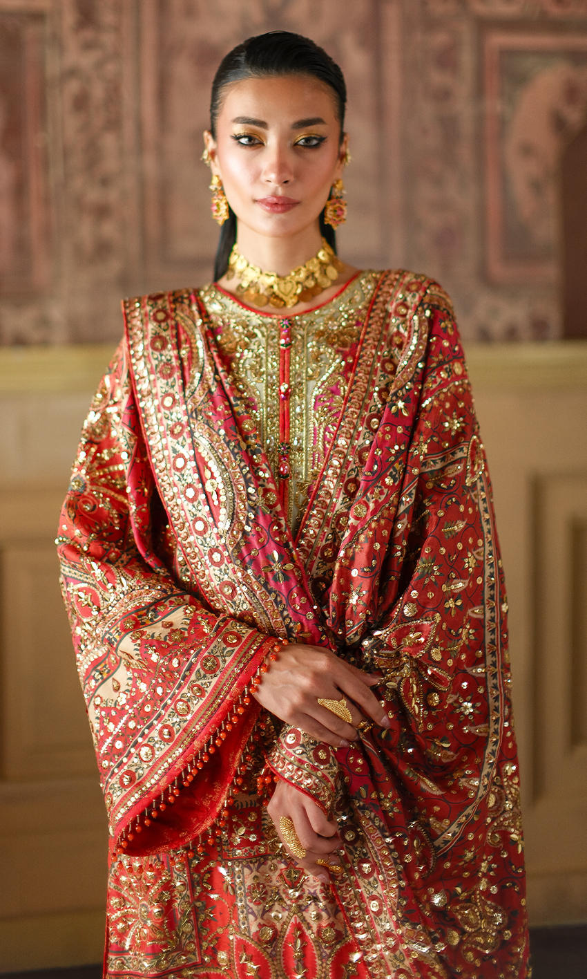 Nomi Ansari | 3 Piece Unstitched Embroidered Silk | Crimson Tale