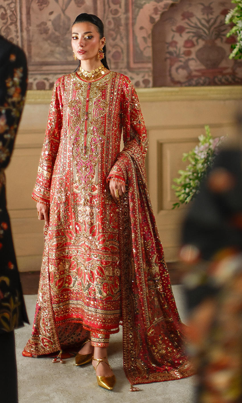 Nomi Ansari | 3 Piece Unstitched Embroidered Silk | Crimson Tale