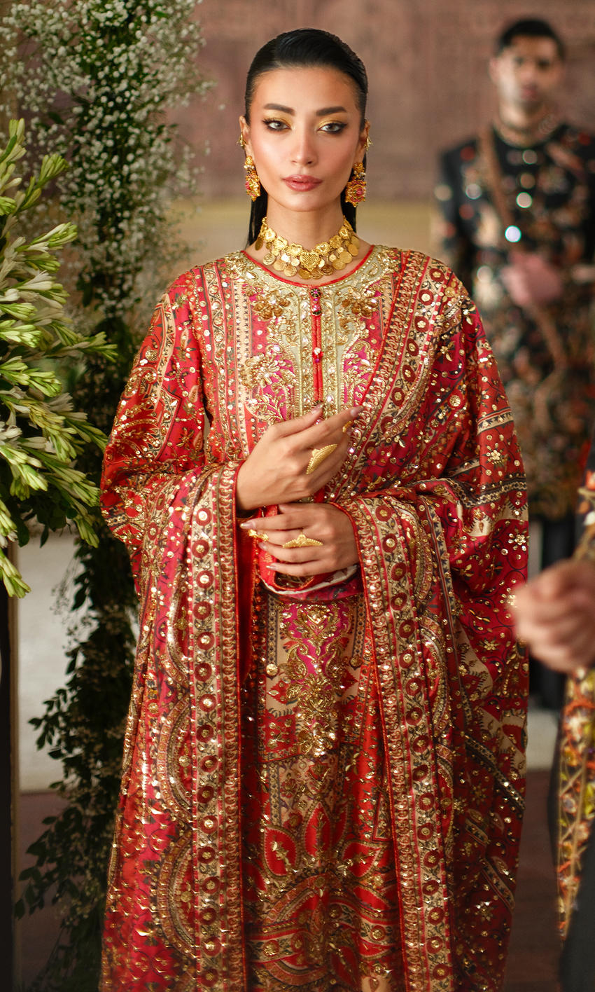 Nomi Ansari | 3 Piece Unstitched Embroidered Silk | Crimson Tale
