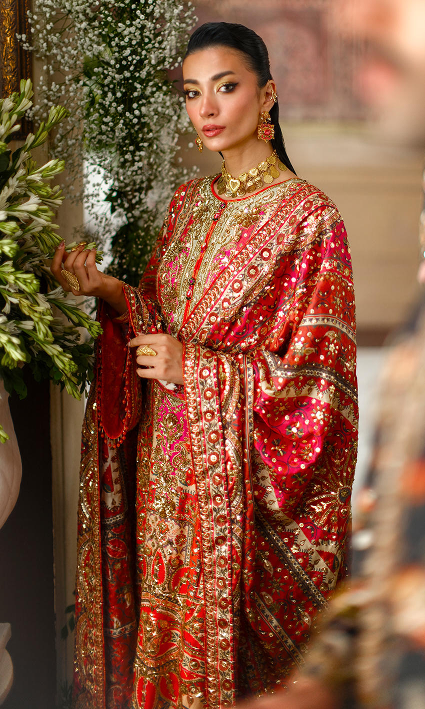Nomi Ansari | 3 Piece Unstitched Embroidered Silk | Crimson Tale