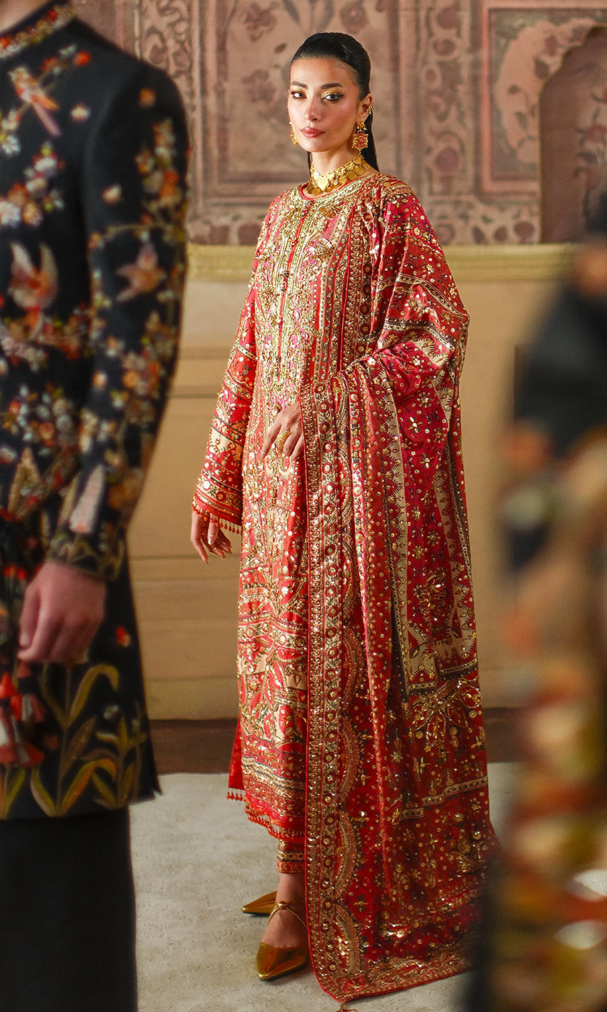 Nomi Ansari | 3 Piece Unstitched Embroidered Silk | Crimson Tale
