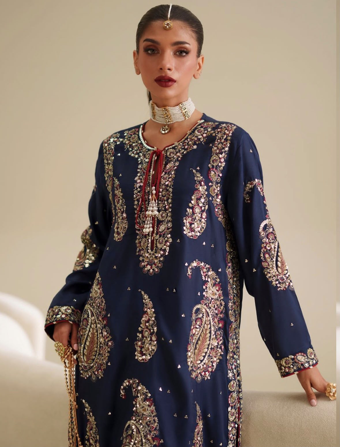 ETHNC | 3 Piece Unstitched Embroidered Tussle Silk | Navy Blue