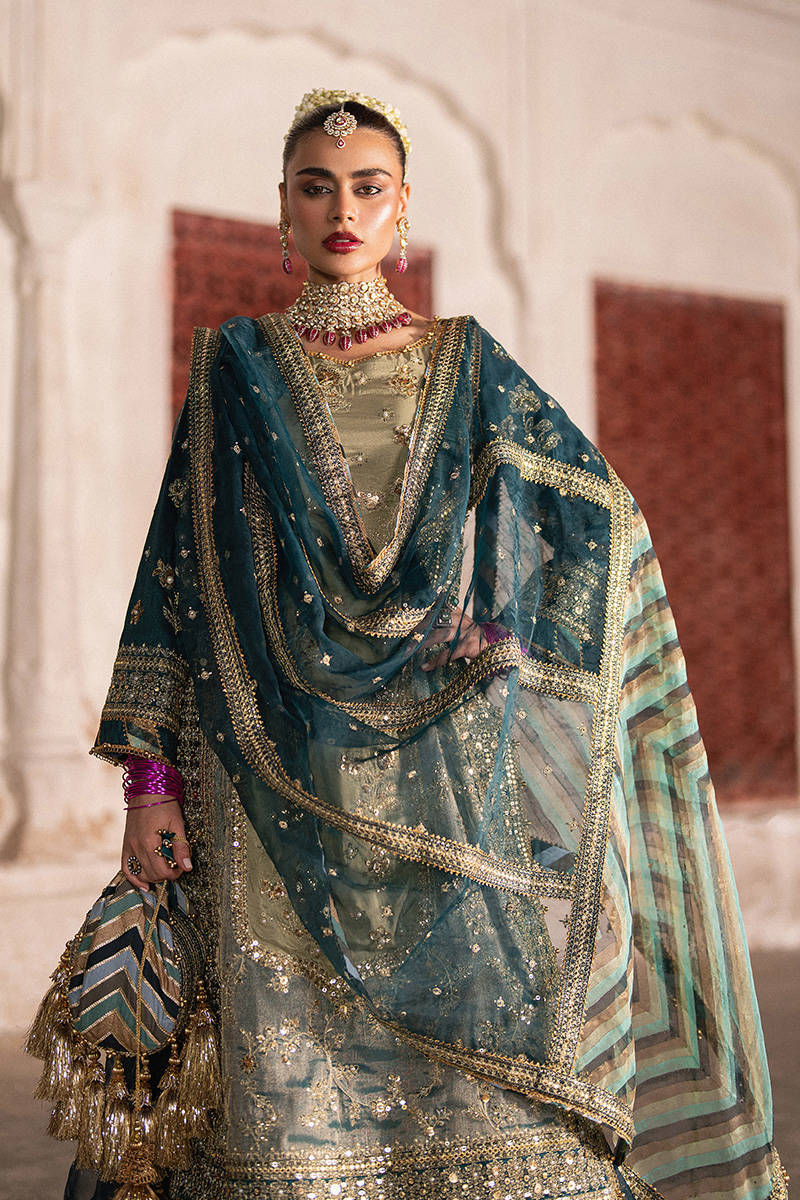 MNR | 3 Piece Unstitched Embroidered Tissue Silk | Lehar