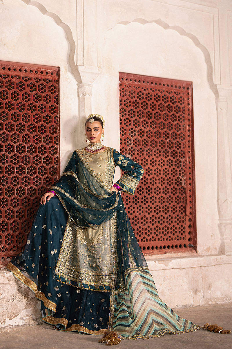 MNR | 3 Piece Unstitched Embroidered Tissue Silk | Lehar