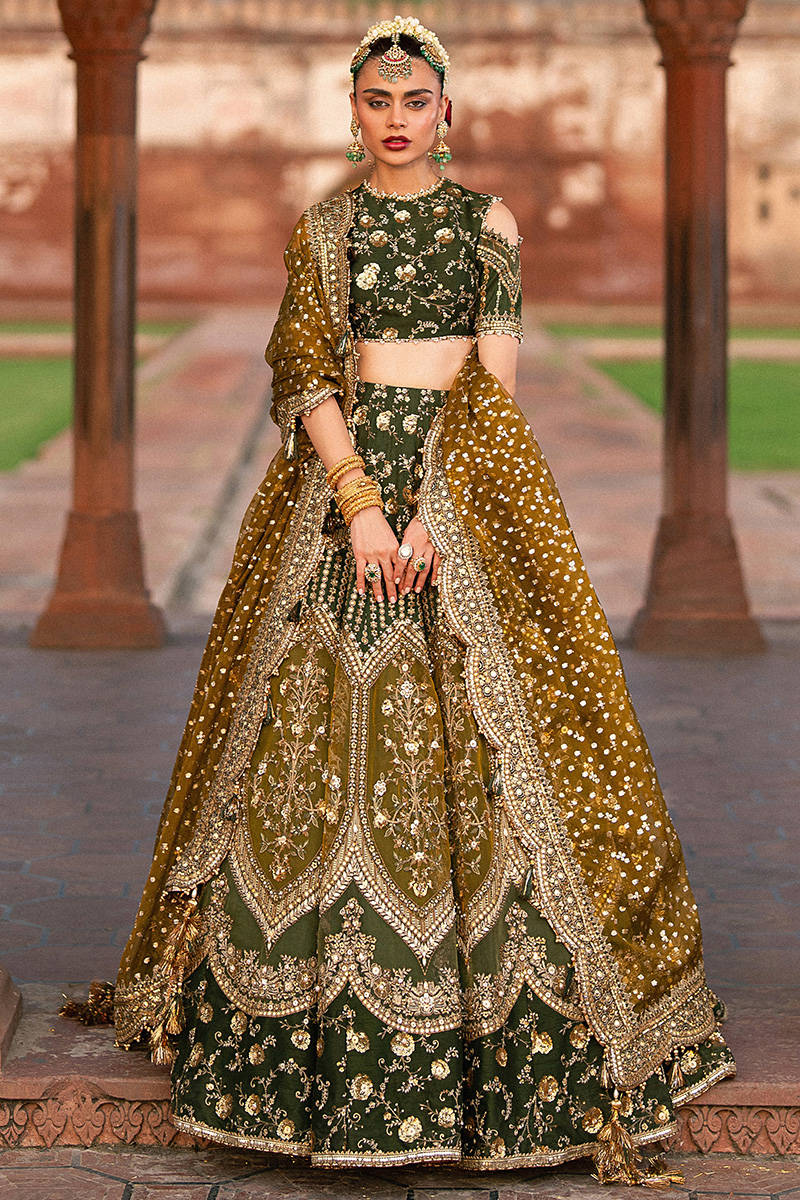 MNR | 3 Piece Unstitched Embroidered Raw Silk Lehenga | Afsana