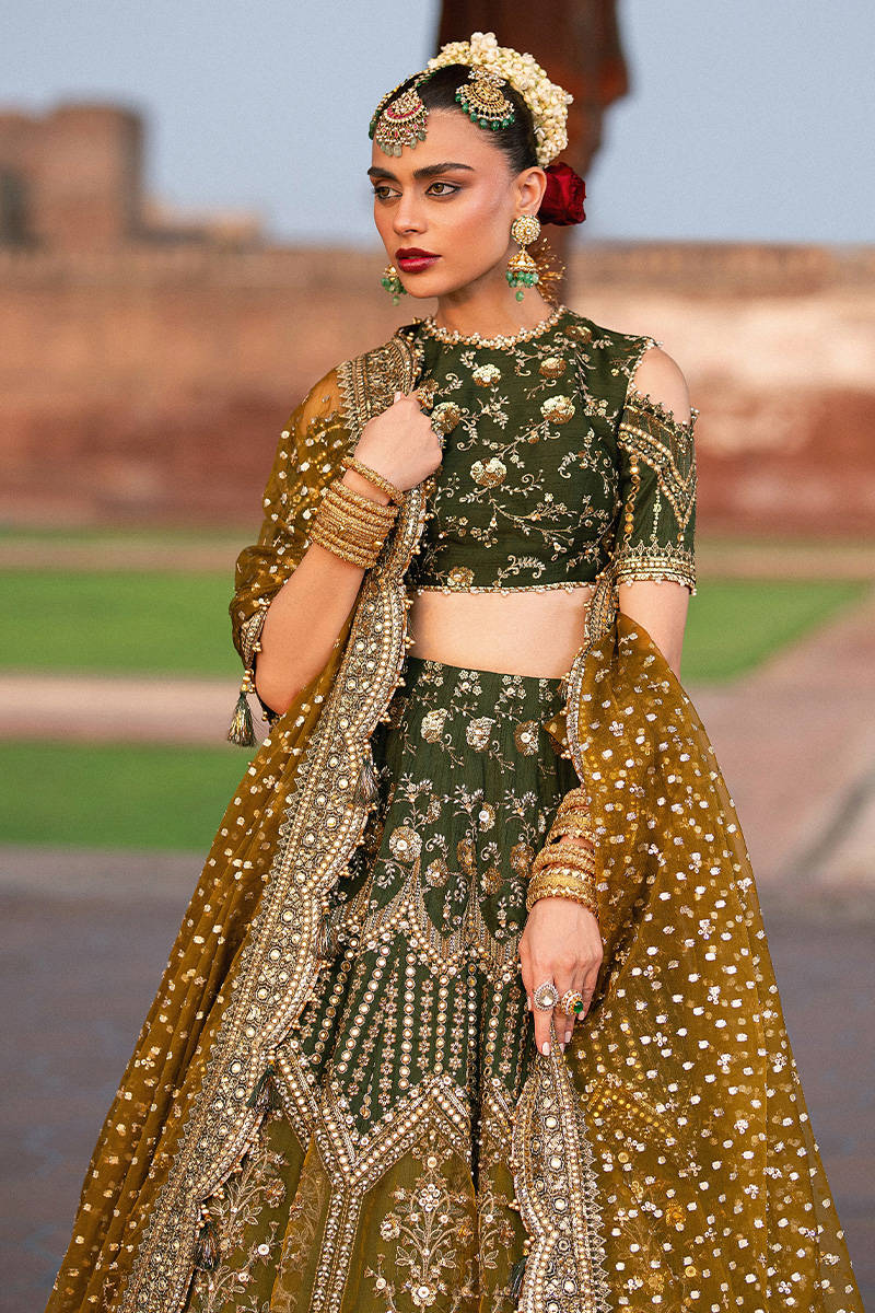 MNR | 3 Piece Unstitched Embroidered Raw Silk Lehenga | Afsana