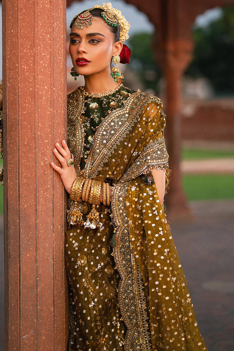 MNR | 3 Piece Unstitched Embroidered Raw Silk Lehenga | Afsana