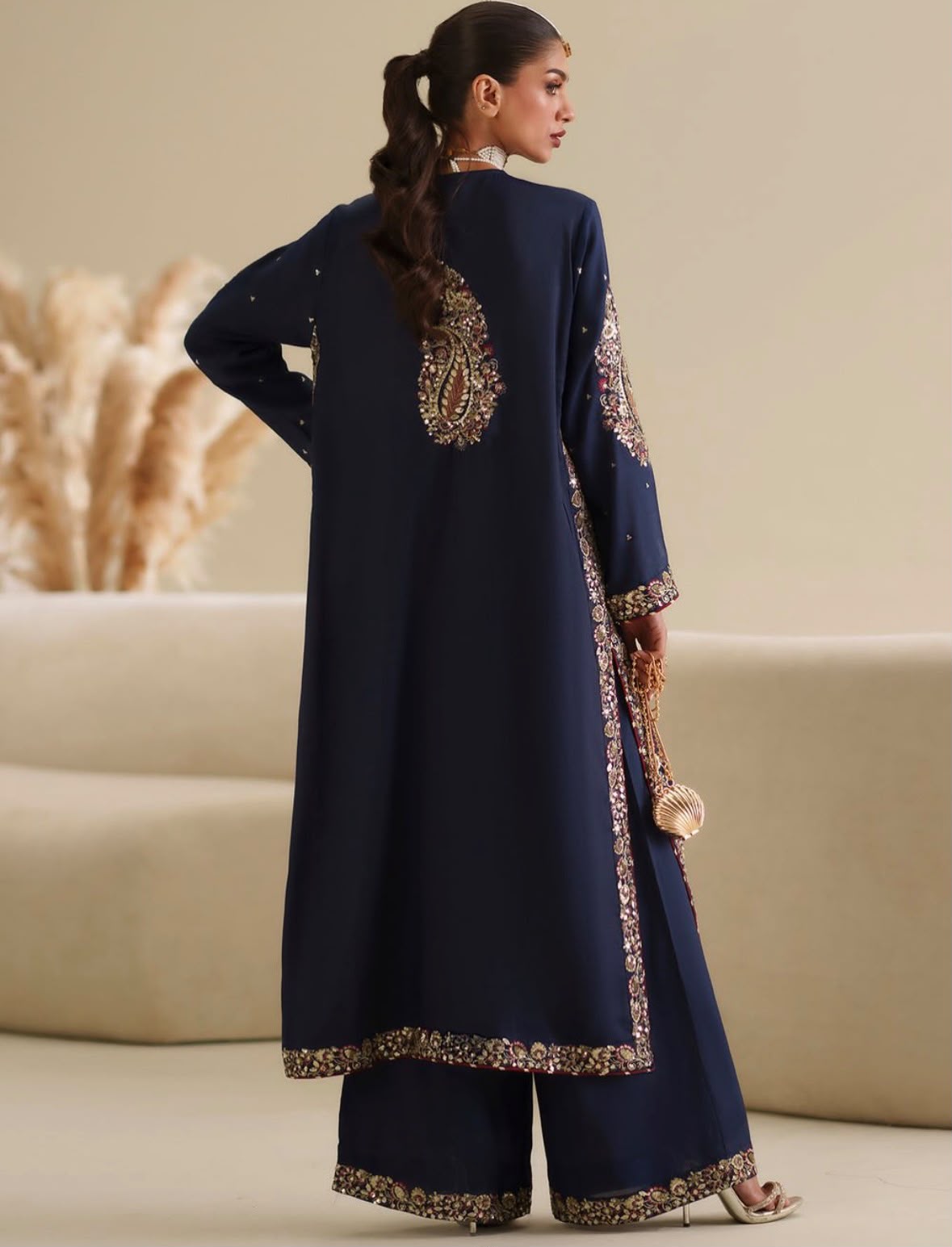 ETHNC | 3 Piece Unstitched Embroidered Tussle Silk | Navy Blue