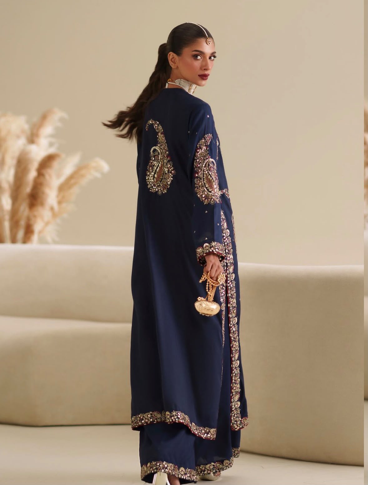 ETHNC | 3 Piece Unstitched Embroidered Tussle Silk | Navy Blue