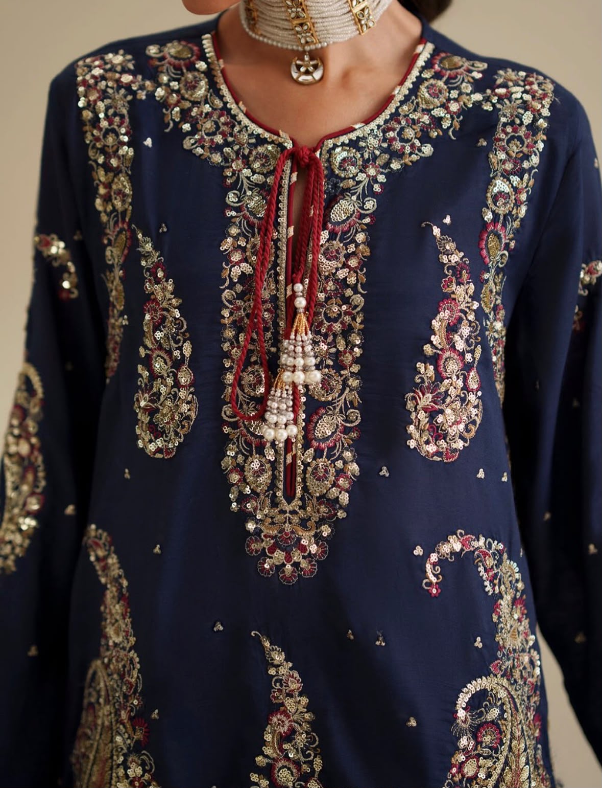 ETHNC | 3 Piece Unstitched Embroidered Tussle Silk | Navy Blue