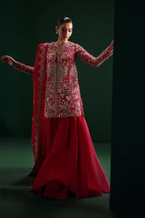 Soraya | Crimson rose Unstitched organza short jacket | REGAL