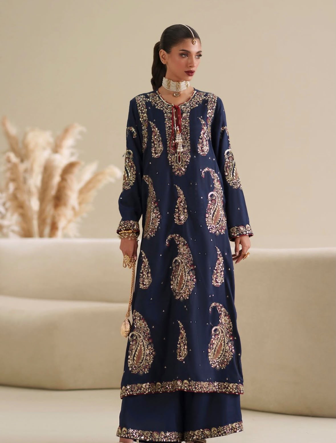 ETHNC | 3 Piece Unstitched Embroidered Tussle Silk | Navy Blue