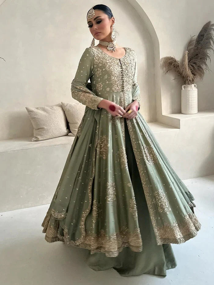 Aisha Naheed | 3 Piece Unstitched Embroidered Raw Silk Maxi | Pistachio Maxi