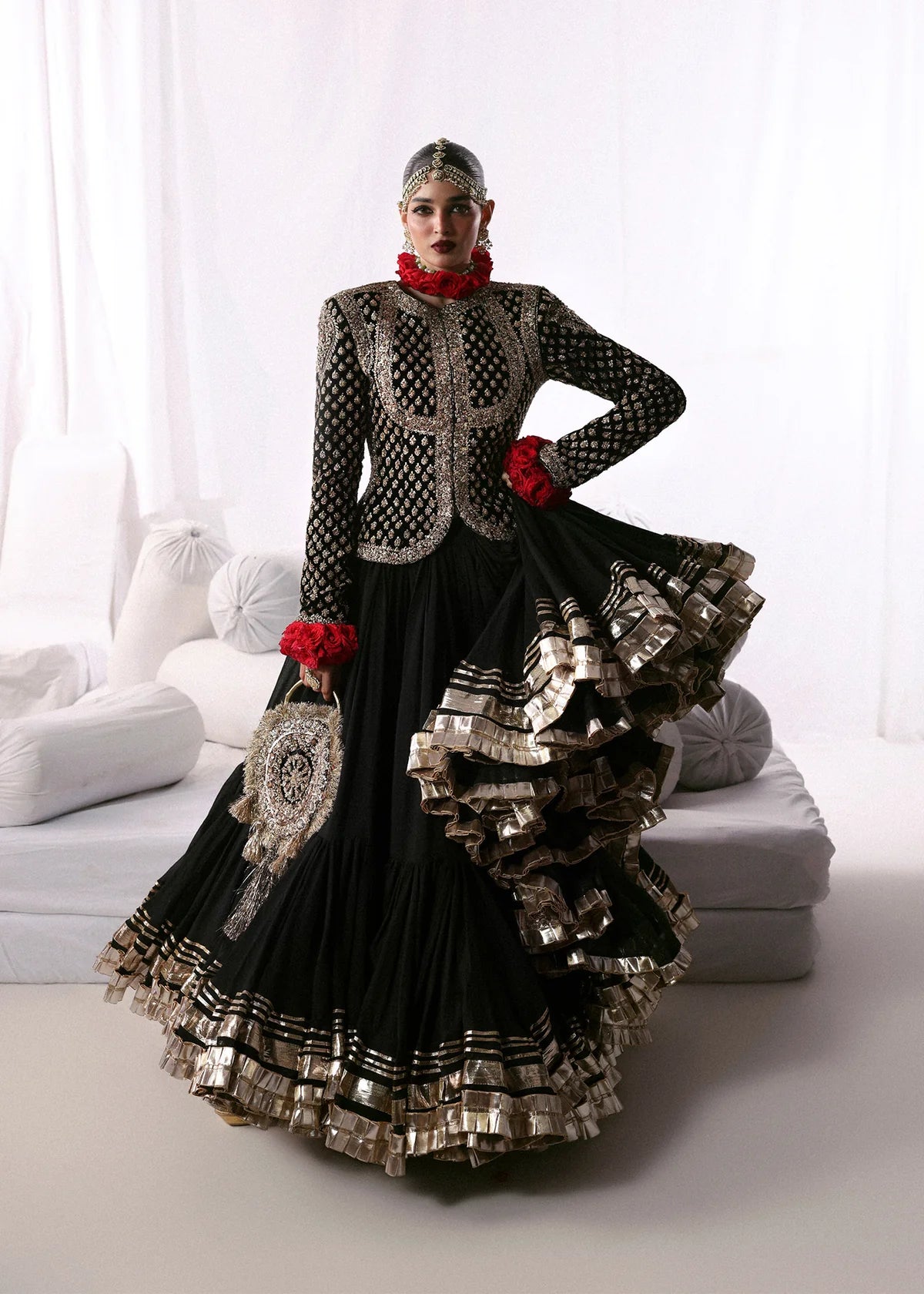 Hussain Rehar | 3 Piece Unstitched Embroidered Chandheri Tussle Silk Lehenga | Siyah