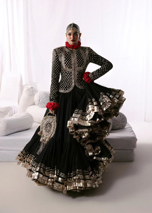 Hussain Rehar | 3 Piece Unstitched Embroidered Chandheri Tussle Silk Lehenga | Siyah