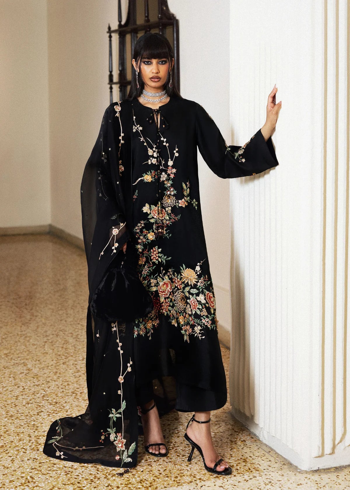 Hussain Rehar | 3 Piece Unstitched Embroidered Raw Silk Dress | Sitara Noir