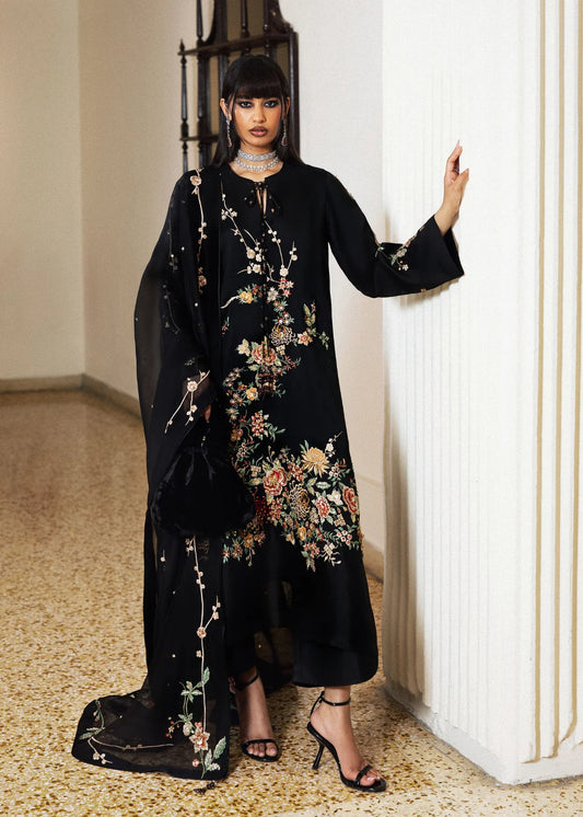 Hussain Rehar | 3 Piece Unstitched Embroidered Raw Silk Dress | Sitara Noir