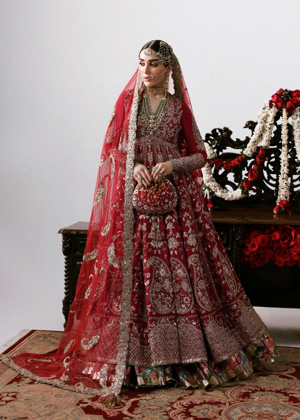 Hussain Rehar | 3 Piece Unstitched Embroidered Chandheri Bunch Lehenga | Motiya
