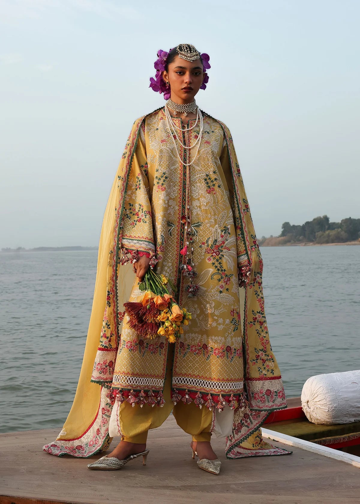 Hussain Rehar | 3 Piece Unstitched Embroidered Lawn | Ochre