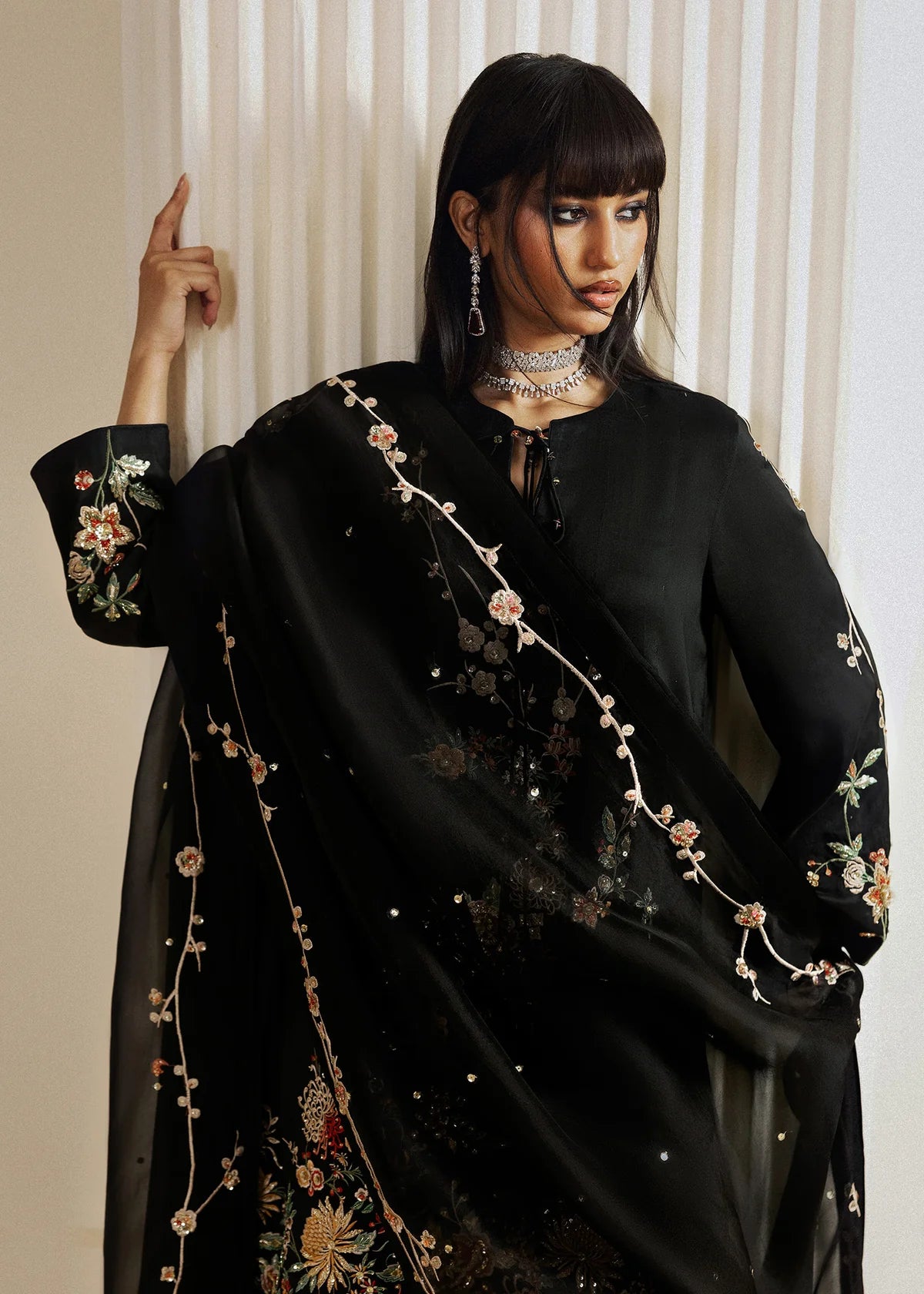 Hussain Rehar | 3 Piece Unstitched Embroidered Raw Silk Dress | Sitara Noir