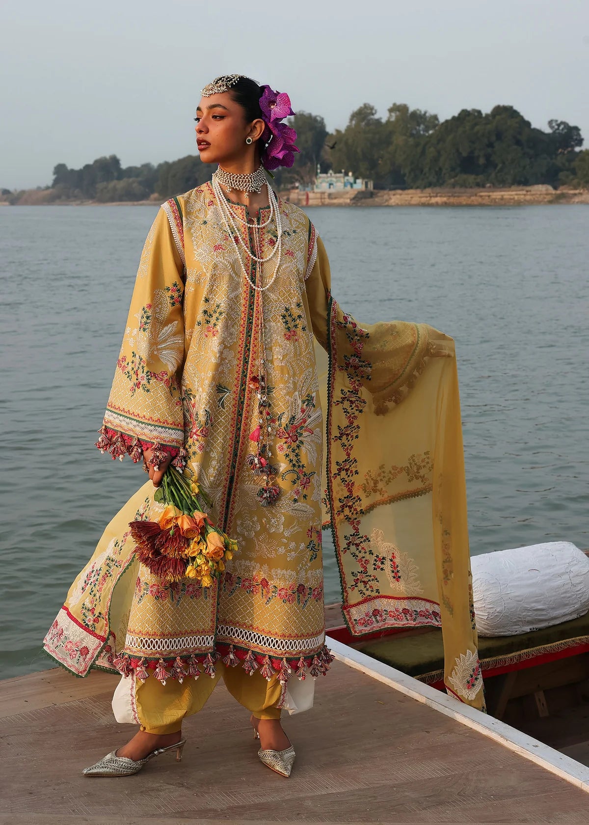 Hussain Rehar | 3 Piece Unstitched Embroidered Lawn | Ochre