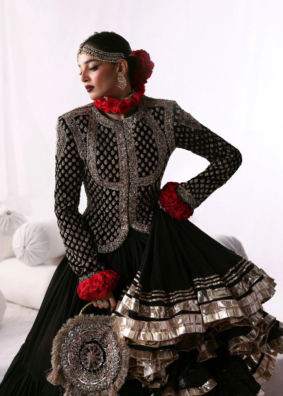 Hussain Rehar | 3 Piece Unstitched Embroidered Chandheri Tussle Silk Lehenga | Siyah