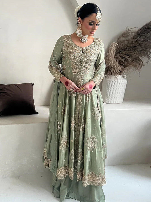 Aisha Naheed | 3 Piece Unstitched Embroidered Raw Silk Maxi | Pistachio Maxi