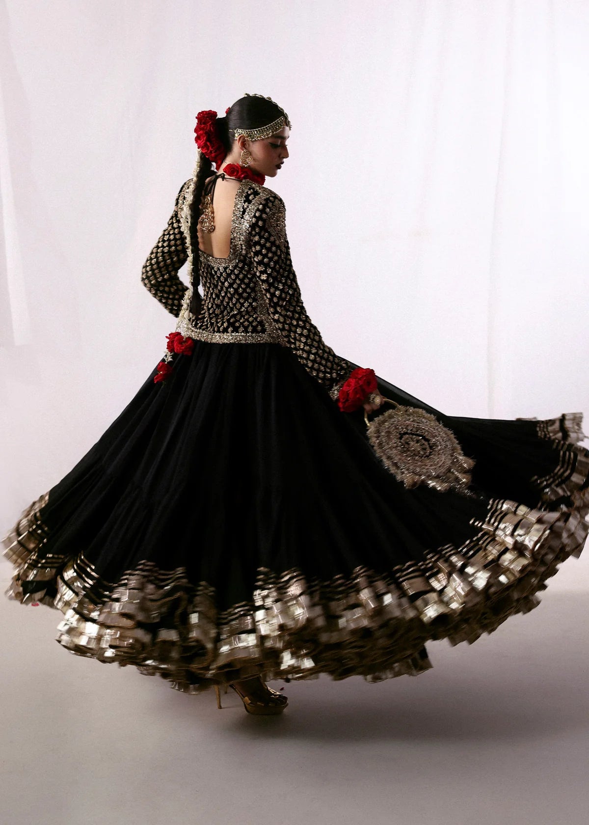 Hussain Rehar | 3 Piece Unstitched Embroidered Chandheri Tussle Silk Lehenga | Siyah
