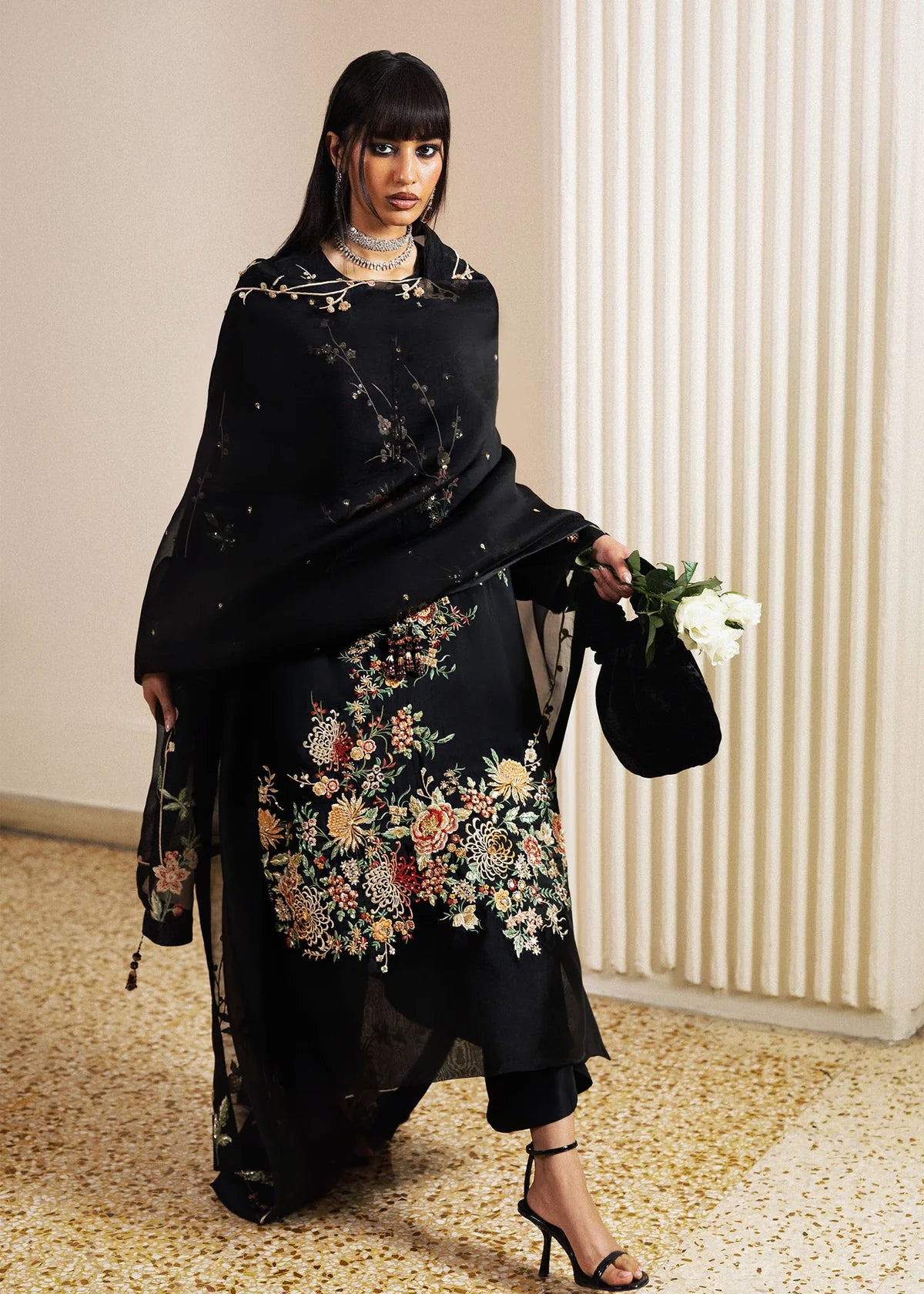 Hussain Rehar | 3 Piece Unstitched Embroidered Raw Silk Dress | Sitara Noir