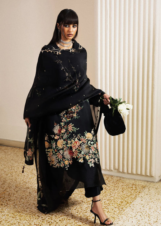 Hussain Rehar | 3 Piece Unstitched Embroidered Raw Silk Dress | Sitara Noir