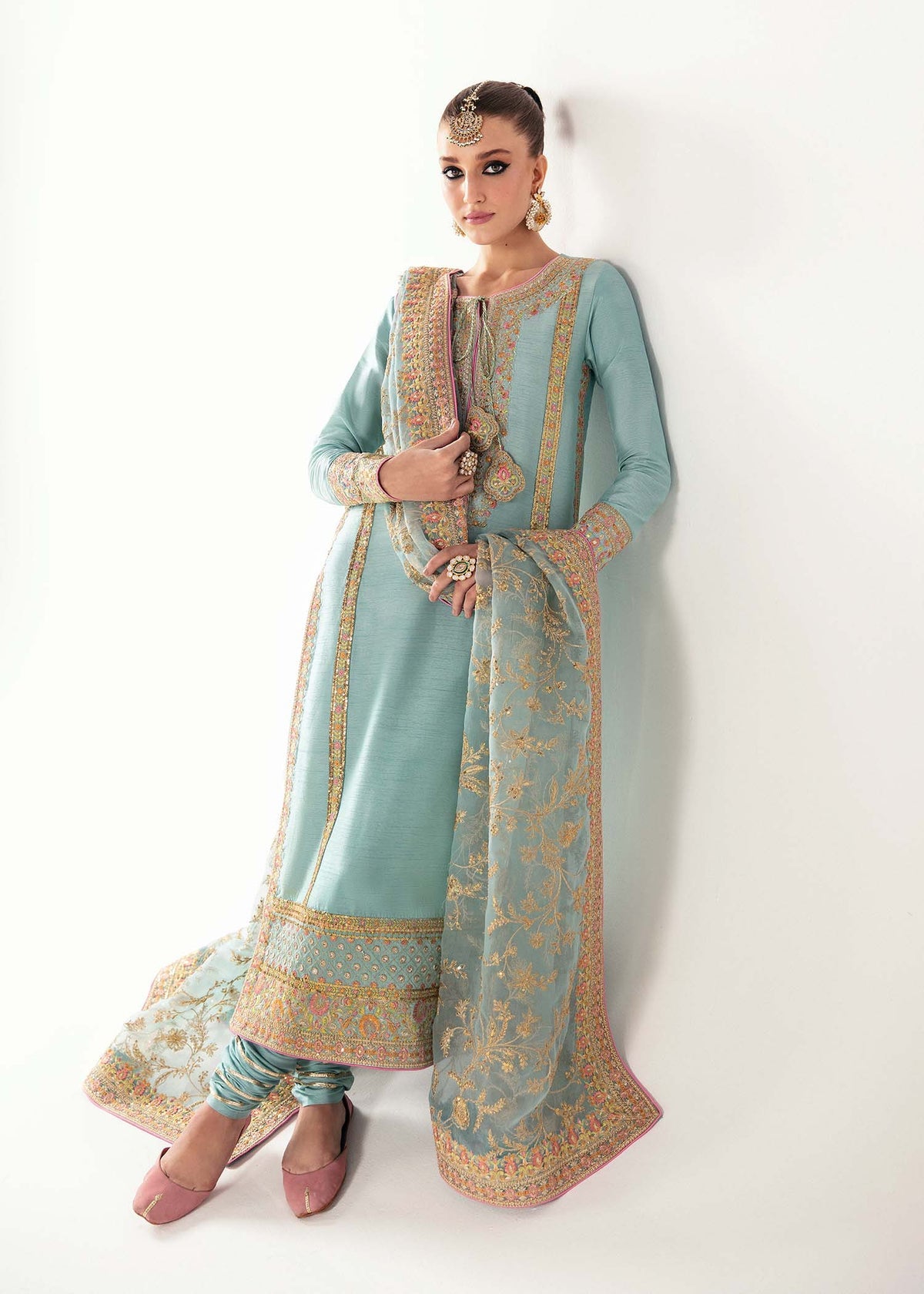 Kanwal Malik | 3 Piece Unstitched Ferozi Korean Rawsilk Ensemble | Manjeh