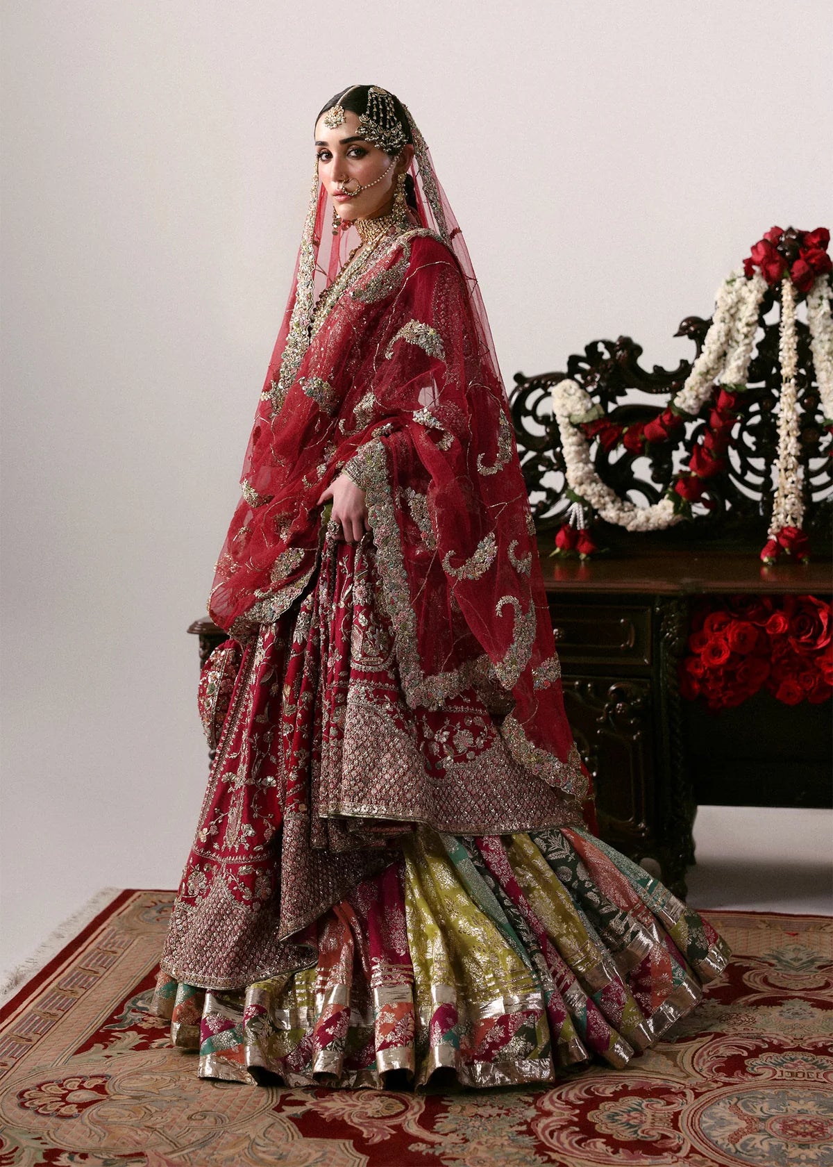 Hussain Rehar | 3 Piece Unstitched Embroidered Chandheri Bunch Lehenga | Motiya