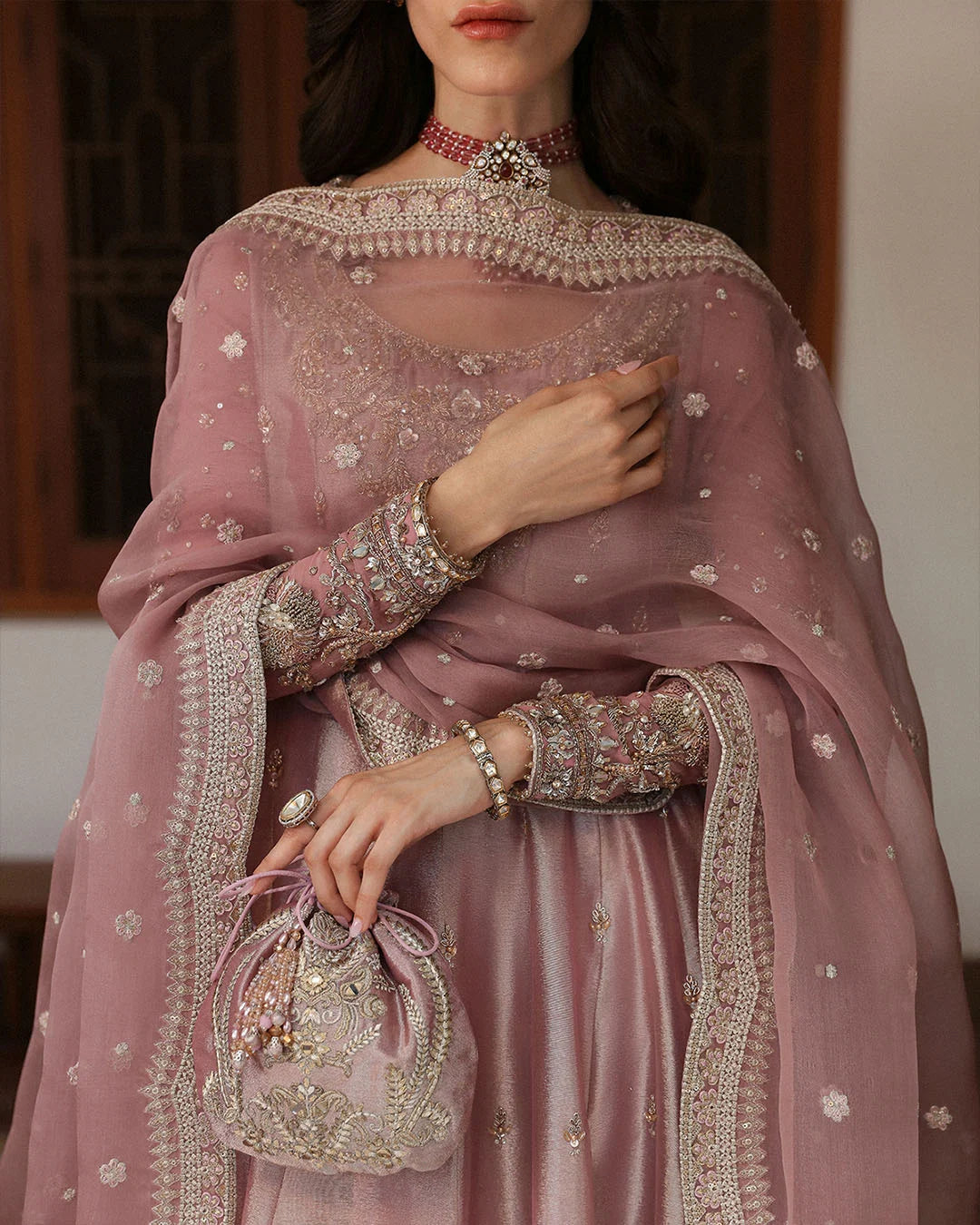 Faiza Saqlain | 3 Piece Unstitched Embroidered Embellished Tissue Pishwas | Halina