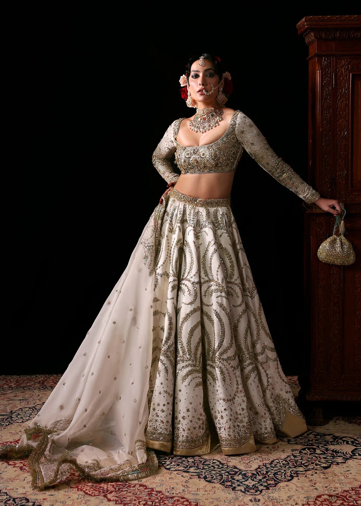 Hussain Rehar | 3 Piece Unstitched Embroidered Satin Lehenga | Chamkeli