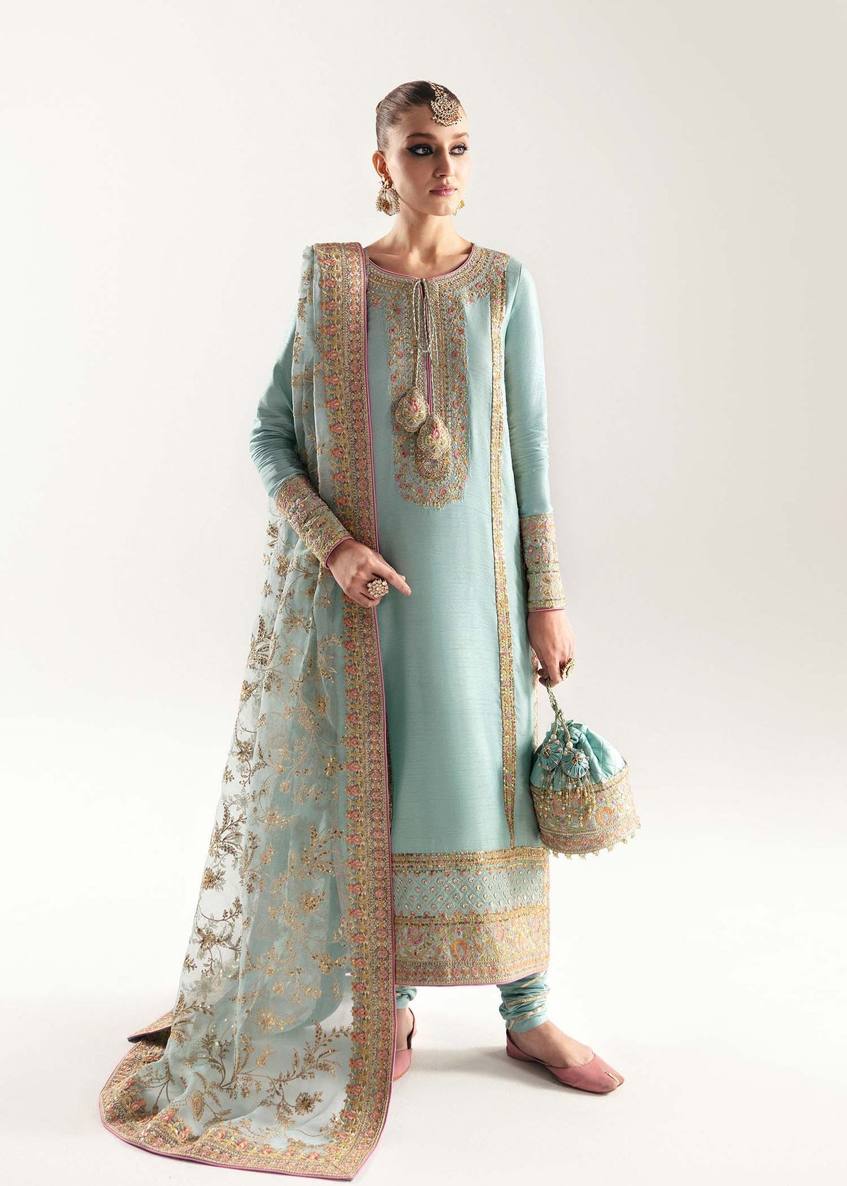 Kanwal Malik | 3 Piece Unstitched Ferozi Korean Rawsilk Ensemble | Manjeh