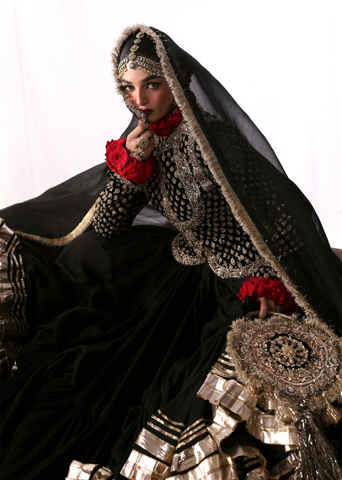 Hussain Rehar | 3 Piece Unstitched Embroidered Chandheri Tussle Silk Lehenga | Siyah