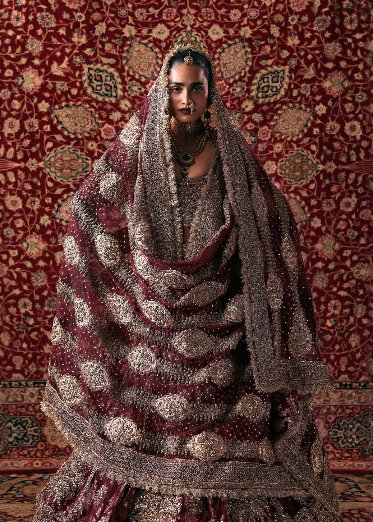 Hussain Rehar | 3 Piece Unstitched Embroidered Chandheri Bunch Lehenga | Bayaan