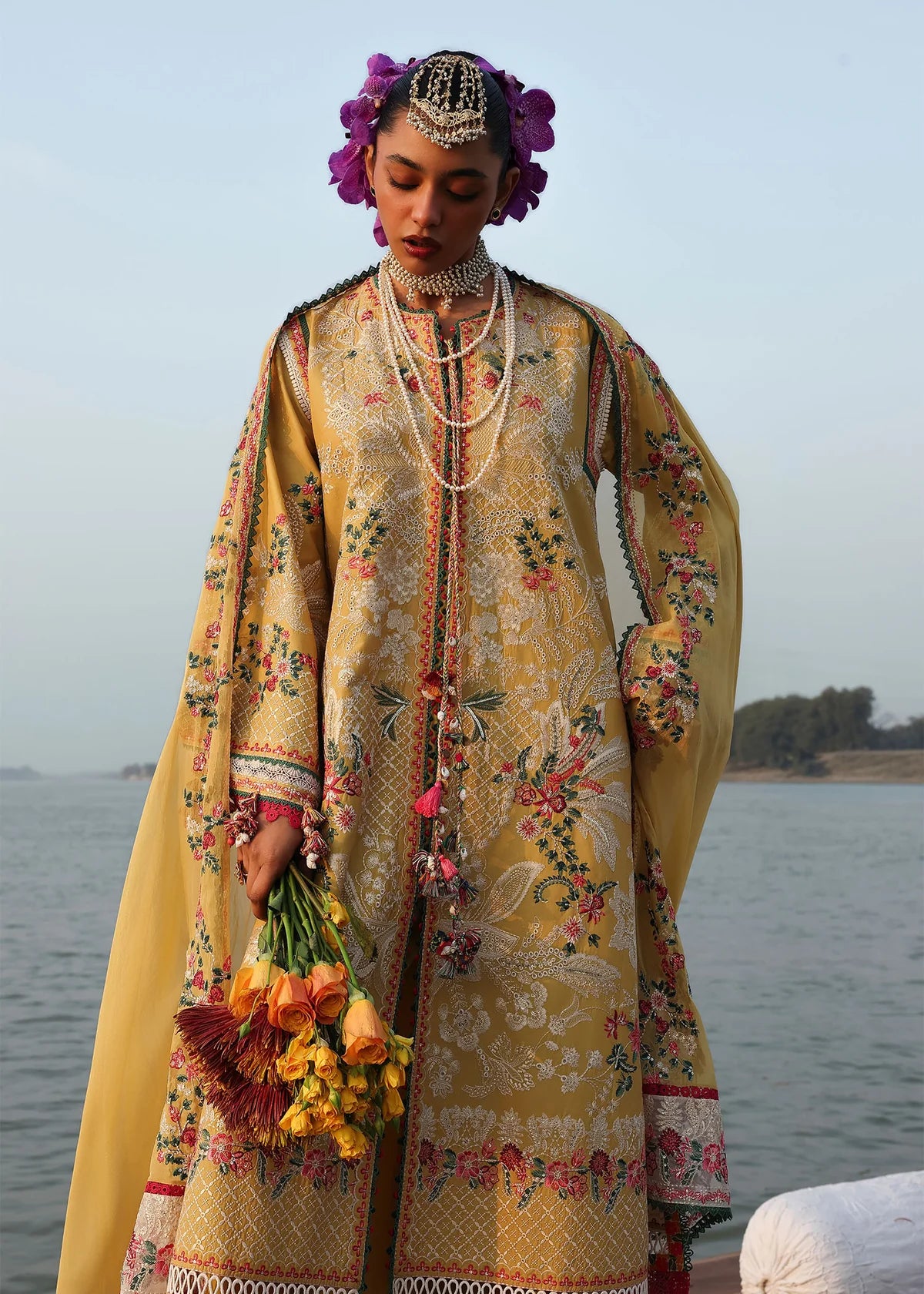 Hussain Rehar | 3 Piece Unstitched Embroidered Lawn | Ochre