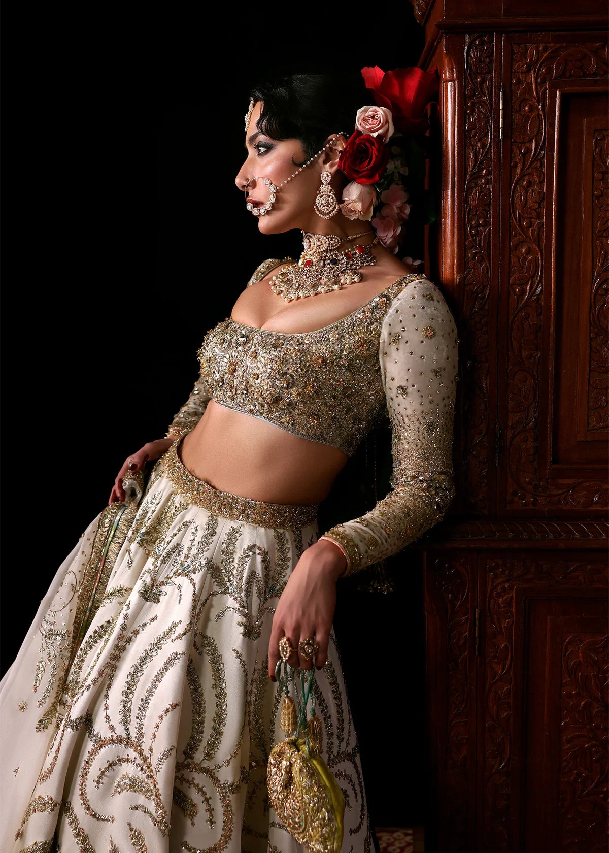 Hussain Rehar | 3 Piece Unstitched Embroidered Satin Lehenga | Chamkeli
